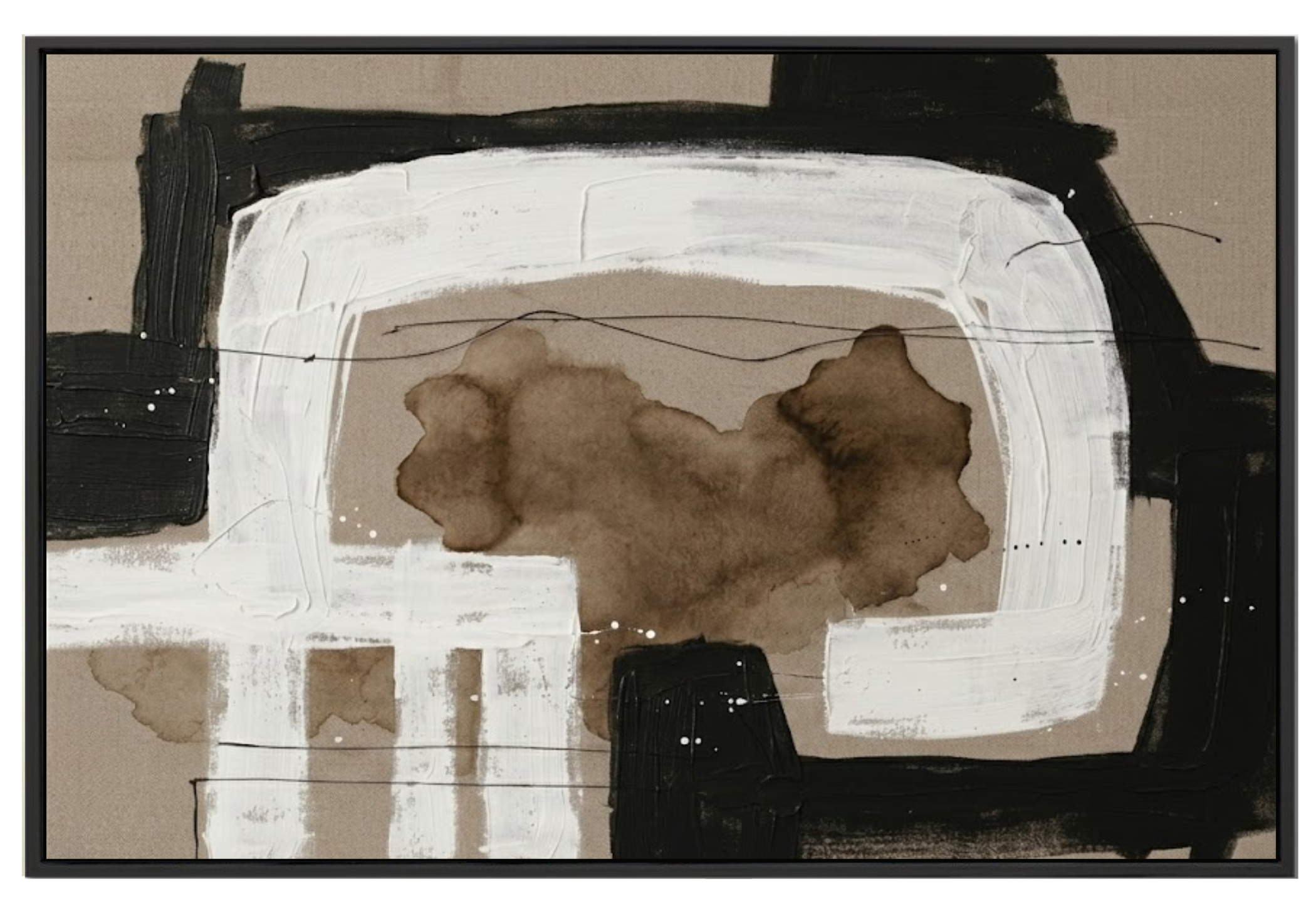 Large 48x72 inch vertical abstract painting titled Mocha Bloom. Features a central, organic wash of warm mocha and sepia tones, dramatically framed by heavy, sculptural blocks of off-white and charcoal-black impasto with visible palette knife marks.