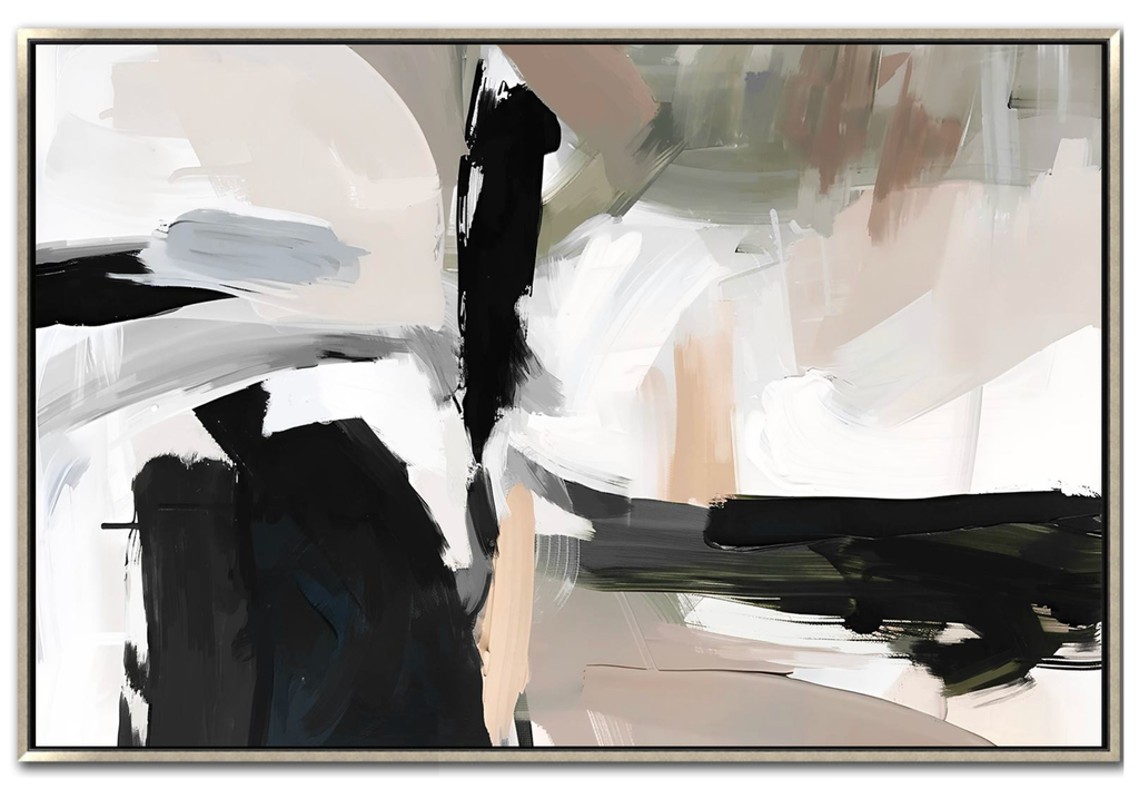 Large 48x72 inch vertical abstract painting titled Muted Pivot. A high-contrast composition featuring sweeping, bold black gestural brushstrokes that act as a central "pivot" over a calm, multi-layered background of muted sage green, warm taupe, and soft cream.