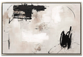 Large 48x72 inch vertical abstract painting titled Neutral Pulse. Features a multi-layered composition of bold black gestural strokes, thick white impasto patches, and delicate fine-line charcoal scribbles over a warm, neutral parchment and tan background.