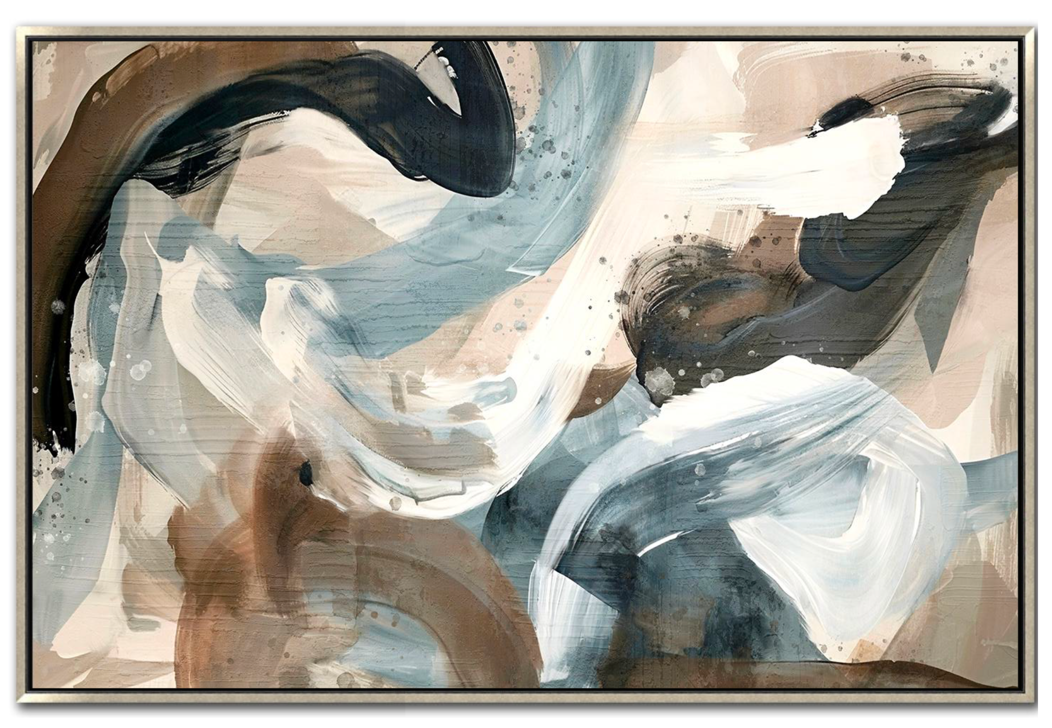 Large 48x72 inch vertical abstract painting titled Painted Wind. Features translucent, sweeping arcs of icy cerulean blue and silver-grey, contrasted by warm sienna undertones and delicate, expressive paint splatters across a light, airy background.