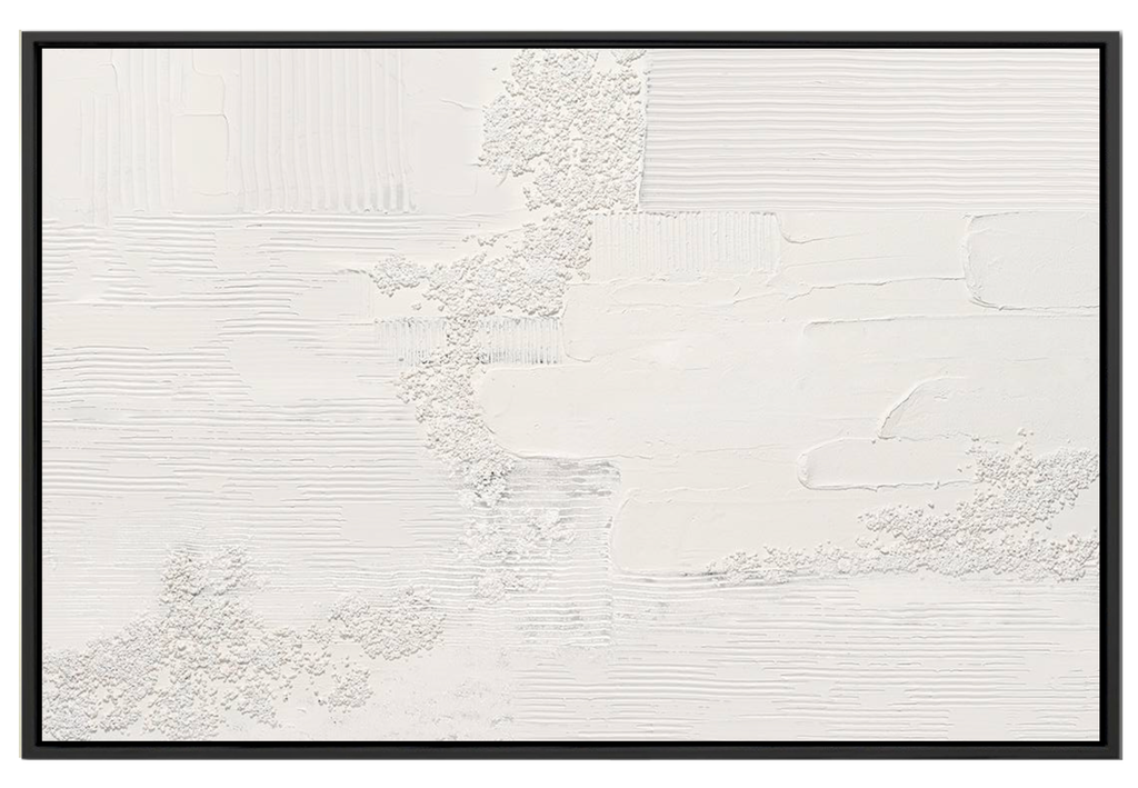 Large 48x72 inch horizontal monochromatic abstract painting titled Silent Texture. Features a pure white-on-white composition with diverse sculptural textures, including rhythmic raked lines, organic pumice-like grit, and smooth, flowing gesso pours.