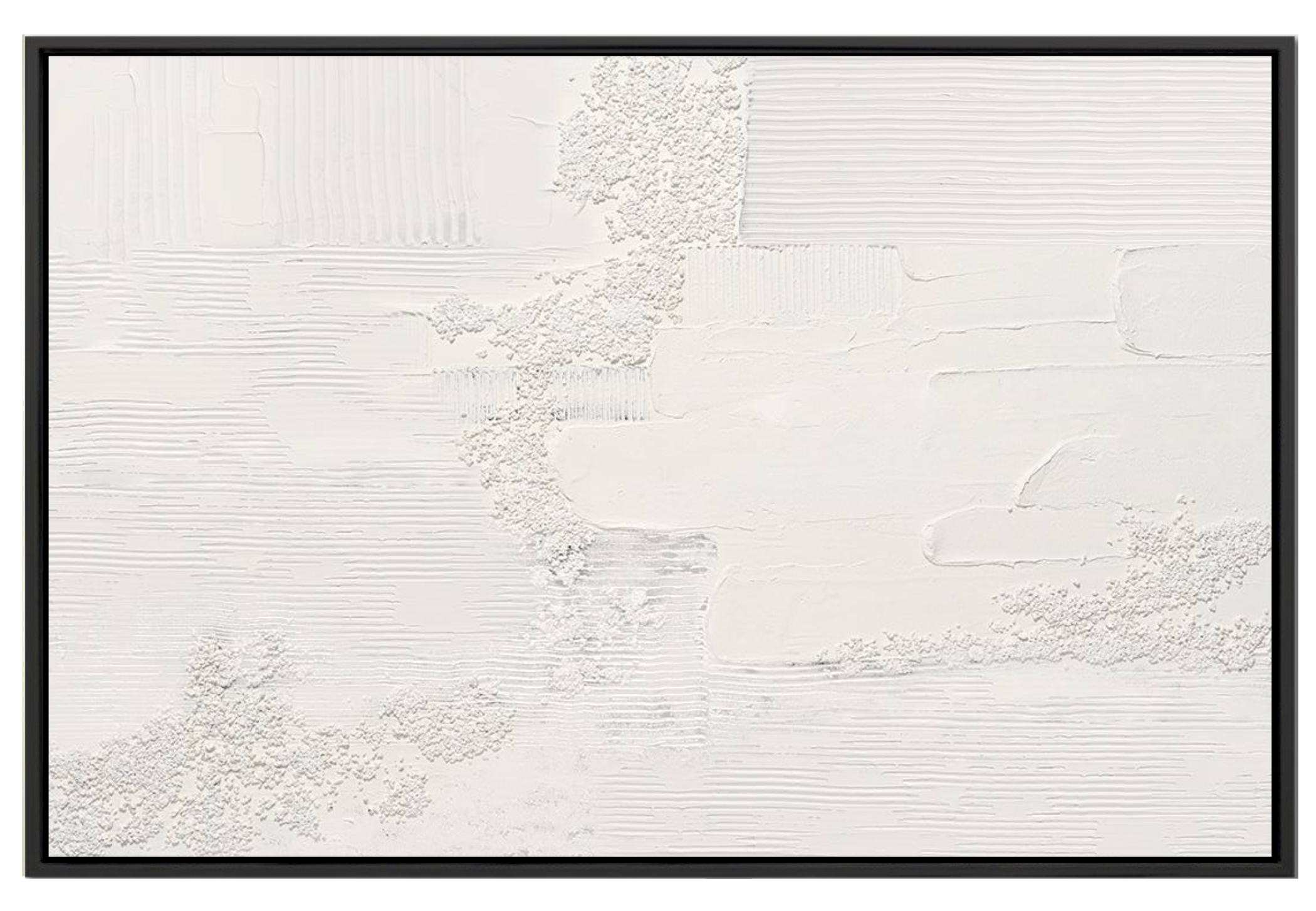 Large 48x72 inch horizontal monochromatic abstract painting titled Silent Texture. Features a pure white-on-white composition with diverse sculptural textures, including rhythmic raked lines, organic pumice-like grit, and smooth, flowing gesso pours.