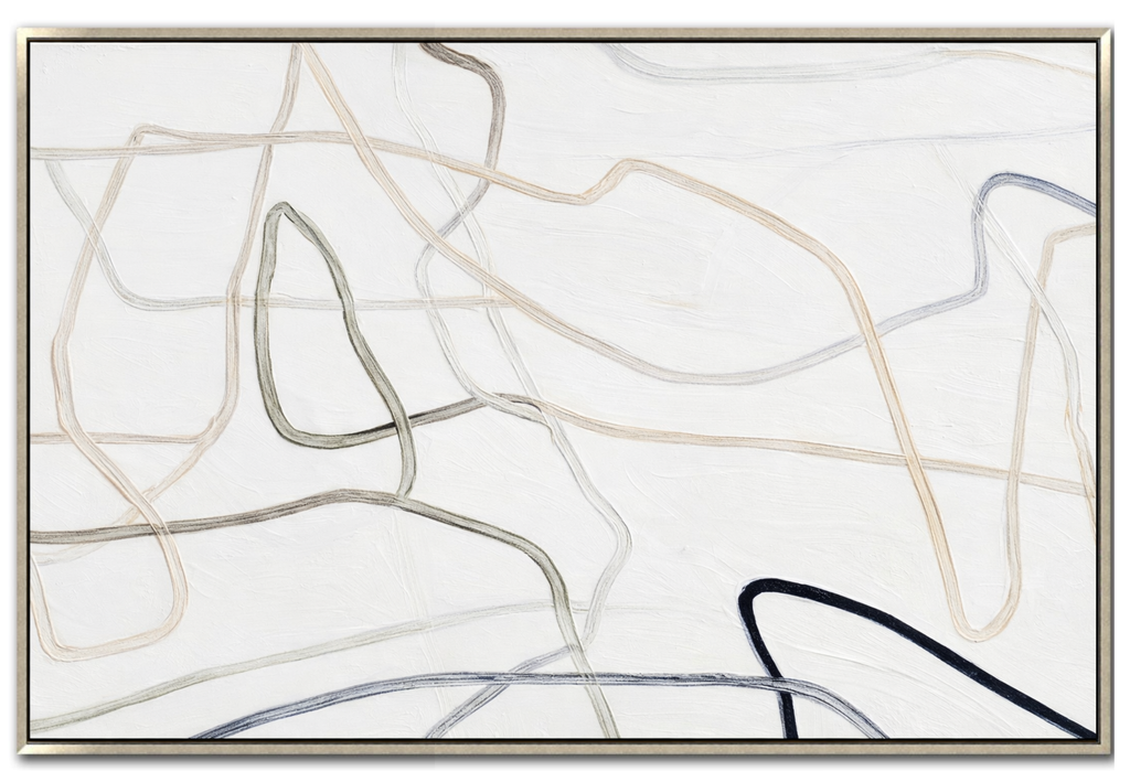 Large 48x72 inch horizontal abstract painting titled Silk Path. Features minimal, flowing organic lines in charcoal, slate, and taupe across a heavily textured, off-white and cream canvas.