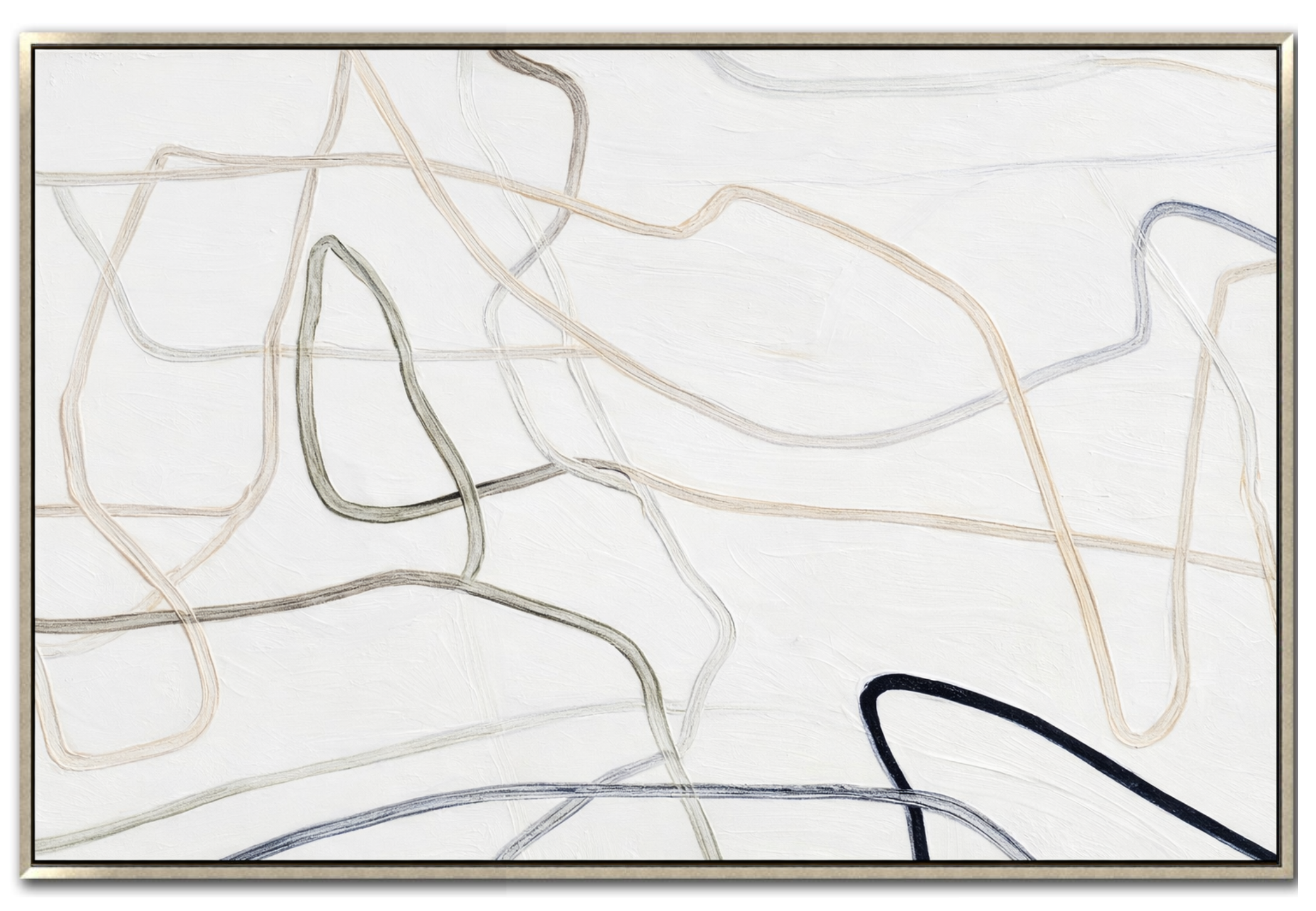 Large 48x72 inch horizontal abstract painting titled Silk Path. Features minimal, flowing organic lines in charcoal, slate, and taupe across a heavily textured, off-white and cream canvas.