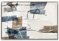 48x72 inch horizontal abstract painting titled Slate Grid. The composition consists of fractured geometric blocks and rectangular shapes in slate blue, charcoal grey, and earth brown, overlaid with fine black architectural linework on a neutral cream background.