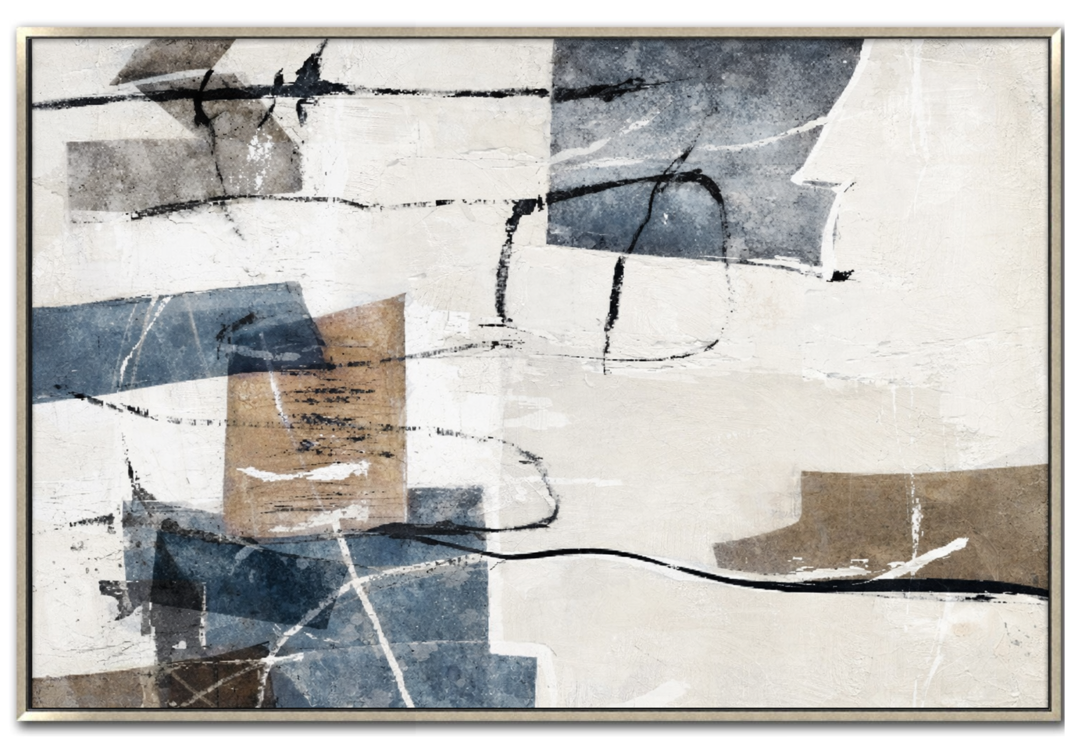 48x72 inch horizontal abstract painting titled Slate Grid. The composition consists of fractured geometric blocks and rectangular shapes in slate blue, charcoal grey, and earth brown, overlaid with fine black architectural linework on a neutral cream background.