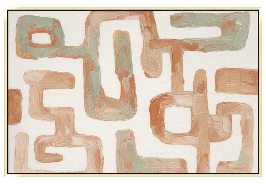 Large 48x72 inch horizontal abstract painting titled Structural Flow. Features a continuous, winding path of thick, textured brushstrokes in sage green, terracotta, and tan over a minimalist cream background.