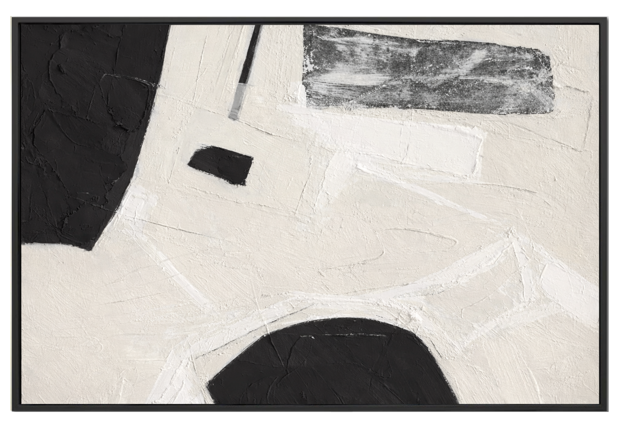 Large 48x72 inch horizontal abstract painting titled Urban Blueprint. Features a minimalist, structural composition with heavy-relief black and white blocks on a warm cream background.