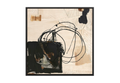 60x60 inch square abstract painting titled Scribbled Core. A minimalist yet expressive composition featuring a dense, gestural black ink-like center with thin, looping wire-like lines radiating outward across a heavily textured warm cream and tan background.