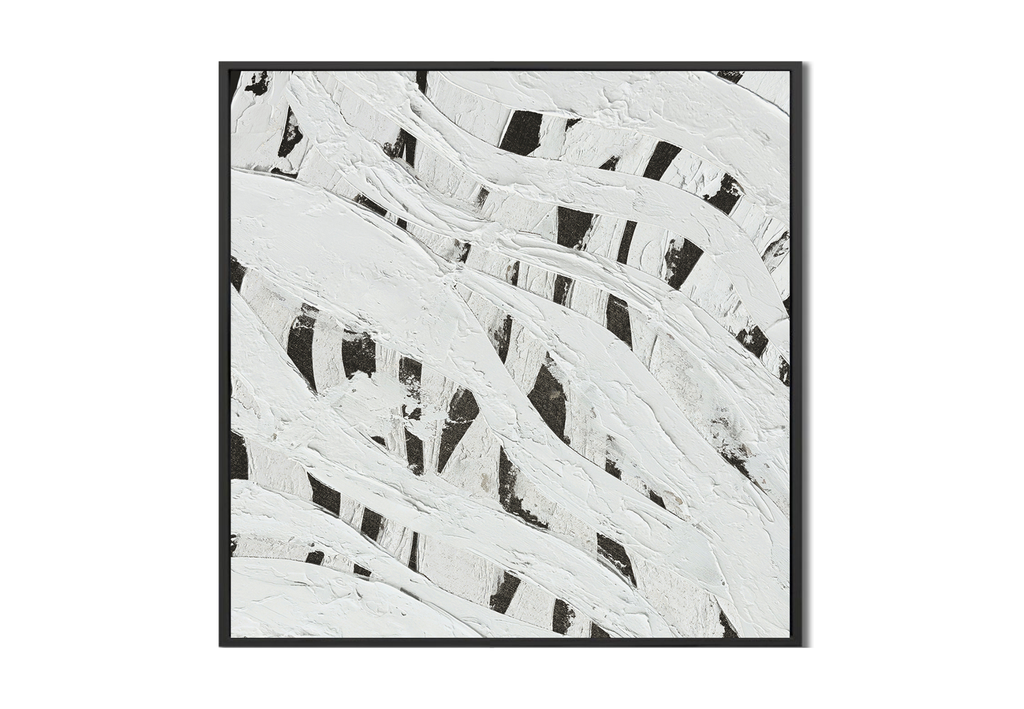 Large 60x60 inch square abstract painting titled Tectonic. Features a high-contrast monochromatic composition with thick, white impasto horizontal sweeps layered over deep black vertical forms.