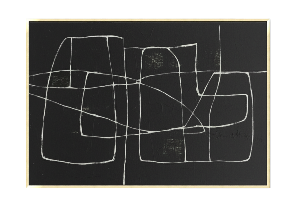 Black and white geometric line abstract painting named Tangle on a large 60x40 inch canvas. Modern minimalist design.