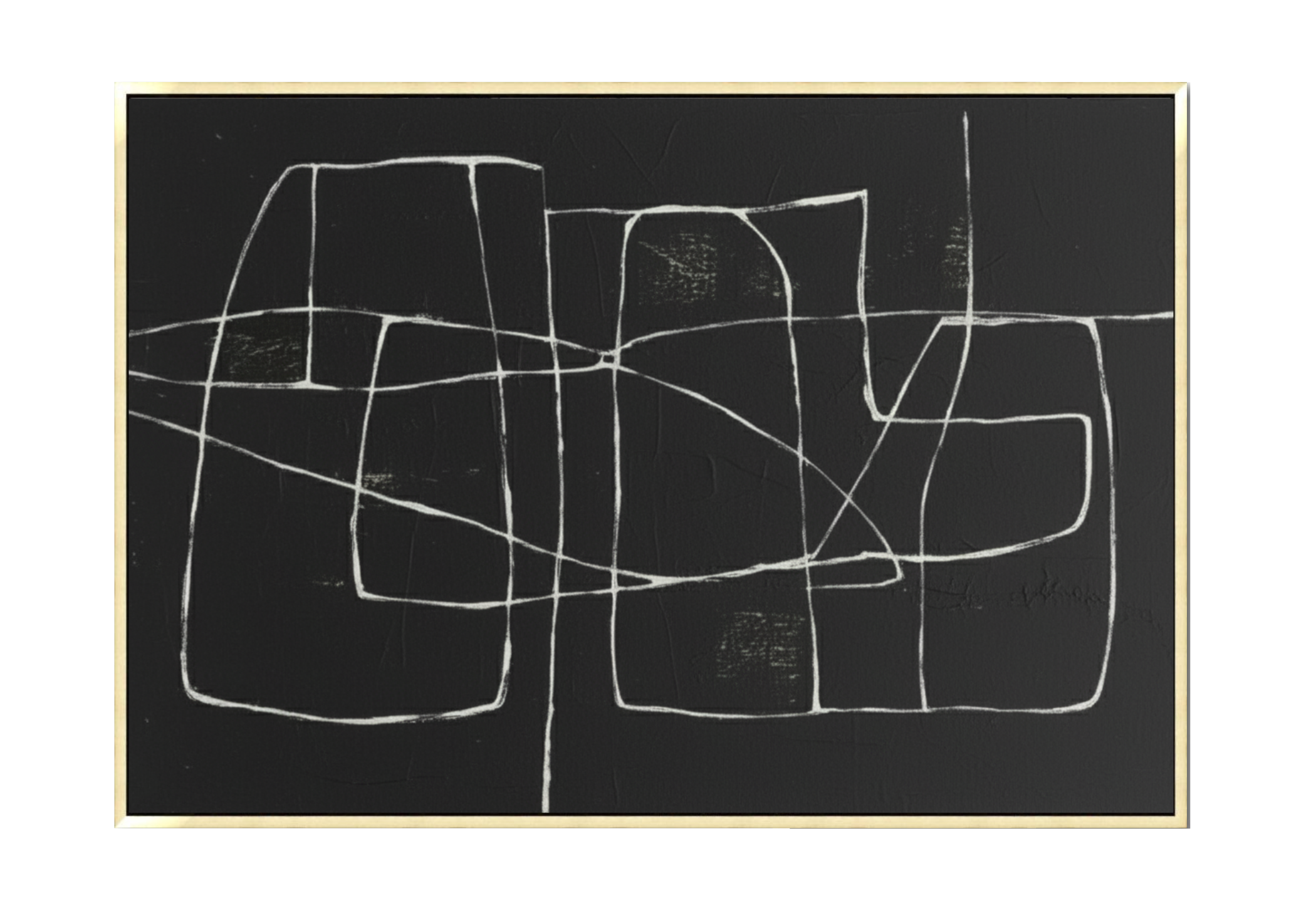 Black and white geometric line abstract painting named Tangle on a large 60x40 inch canvas. Modern minimalist design.