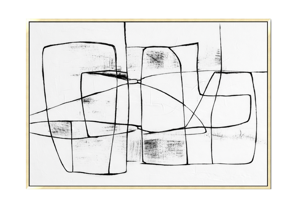 Large 40x60 inch horizontal abstract painting titled Tangle II. Features a minimalist monochromatic design with clean, intersecting black lines forming geometric shapes over a bright white background.