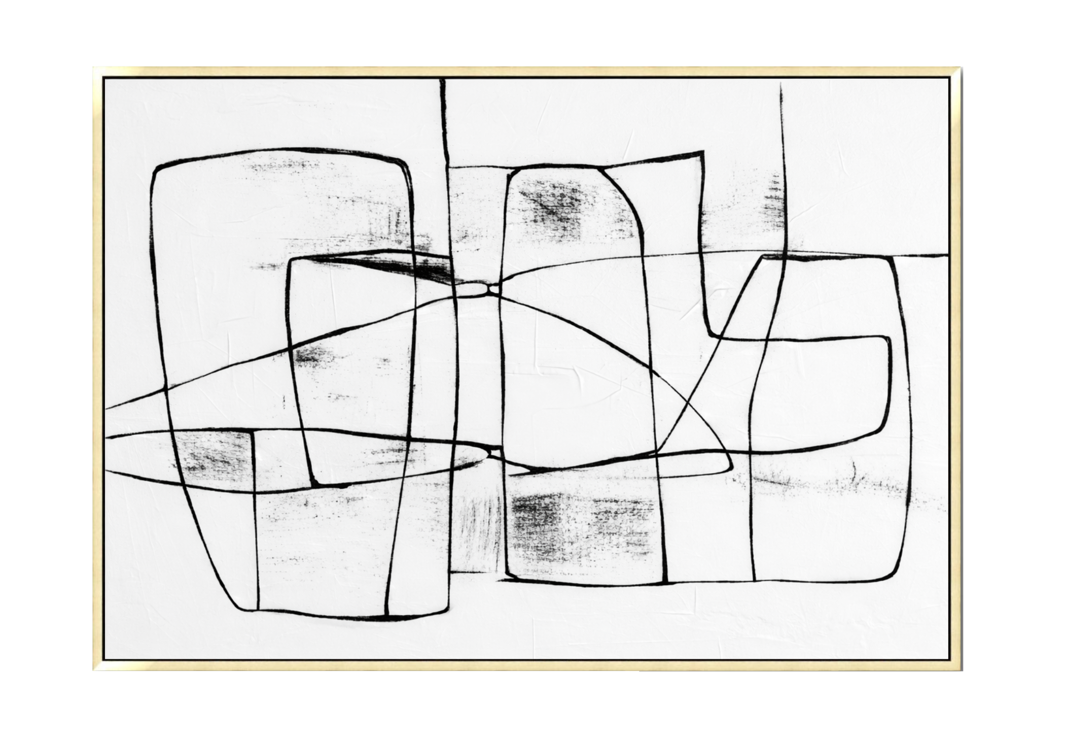 Large 40x60 inch horizontal abstract painting titled Tangle II. Features a minimalist monochromatic design with clean, intersecting black lines forming geometric shapes over a bright white background.