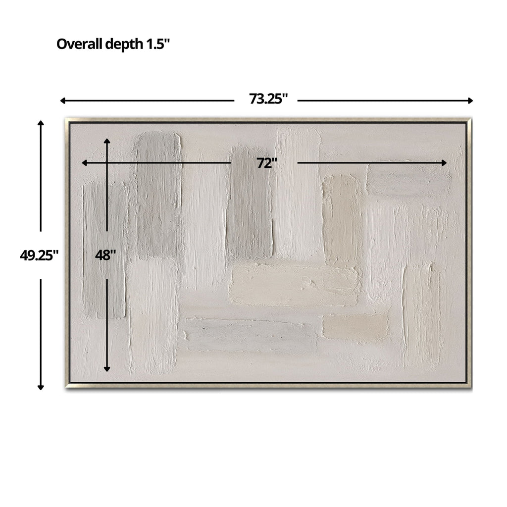 Size and scale chart for the Neutral Territory abstract painting. Shows dimensions of 48x72 inches and an overall depth of 1.5 inches.