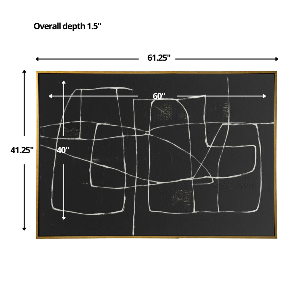 Size and scale chart for the Tangle abstract painting. Shows dimensions of 48x72 inches and an overall depth of 1.5 inches.